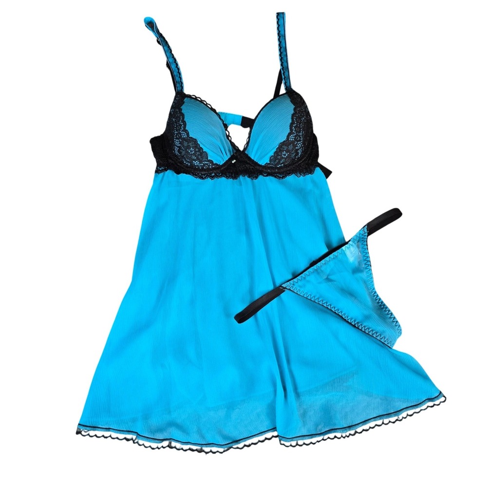 NWT Seductivewear by Cinema Blue Babydoll Lingerie Set Black‎ Lace Trim Small